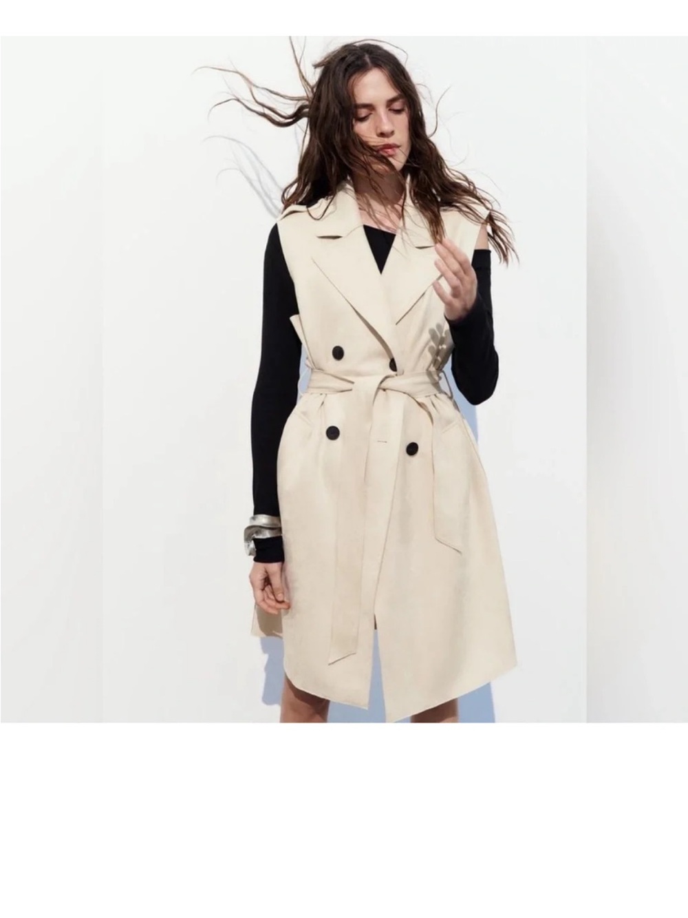 Zara Women’s XS Beige Faux Suede Sleeveless Trench Vest Long Belted Jacket